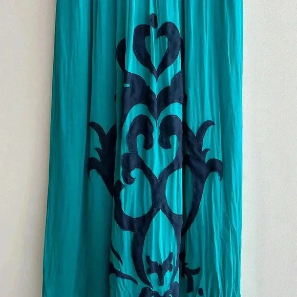 Miss Sixty Teal and Navy Blue Silk Gown Maxi Floral Dress, Size 4 - Picture 14 of 15